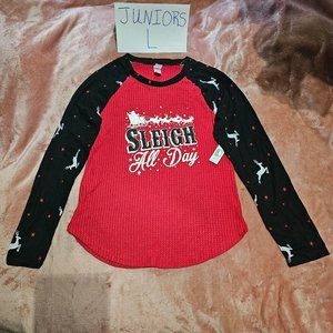 Juniors L Sleigh All Day Santa Claus Reindeer Raglan Long Sleeve Graphic Tee NWT